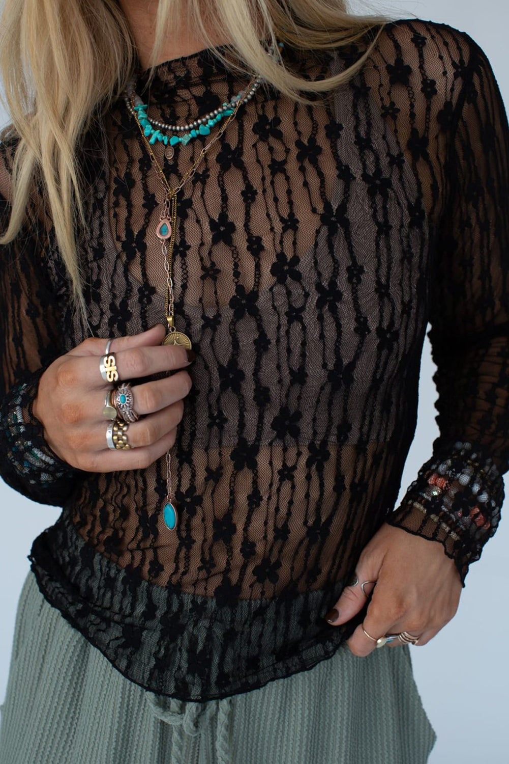 White Sheer Floral Lace Long Sleeve Slim Fit Top