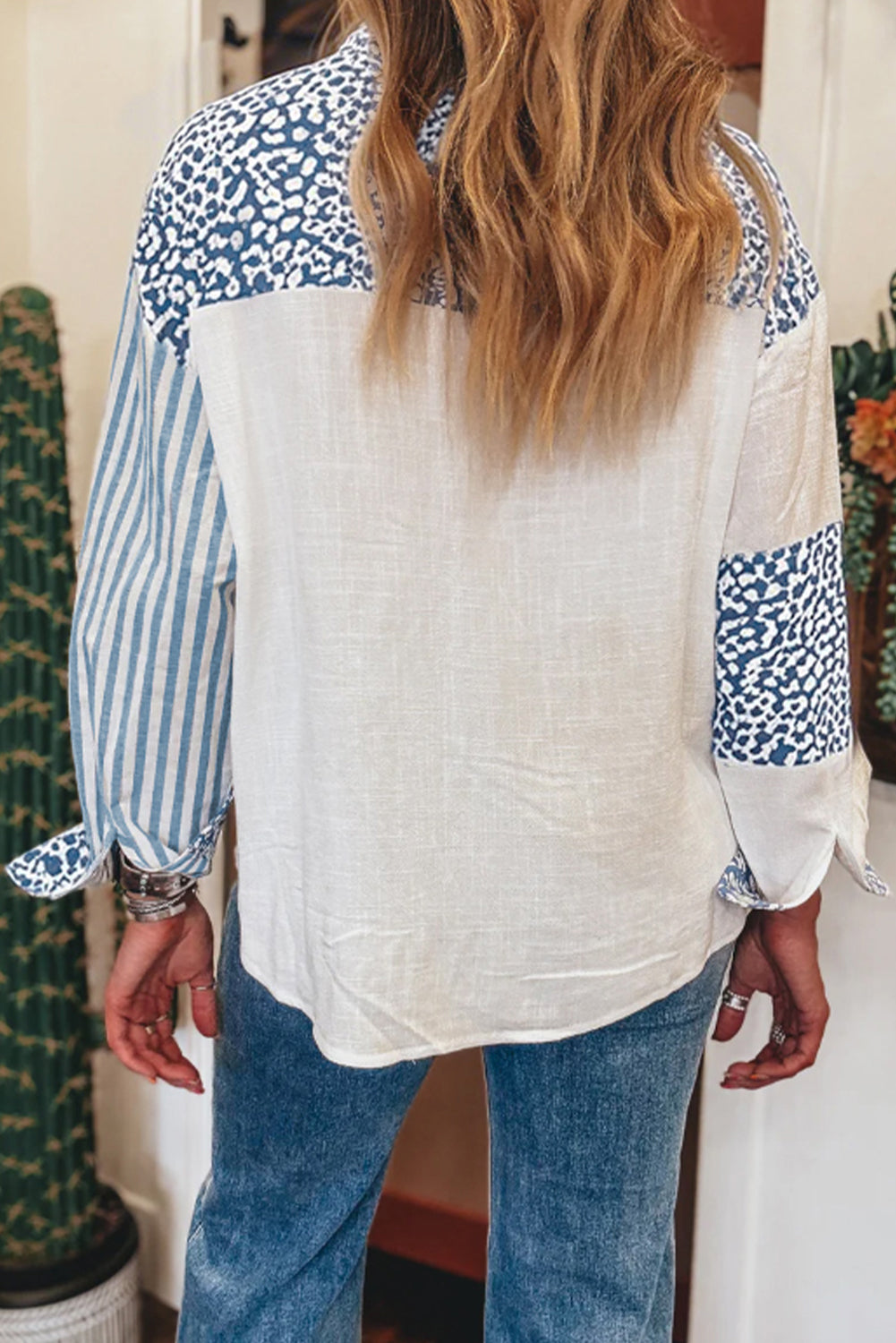 Sky Blue Leopard Striped Patchwork Button-up Shirt