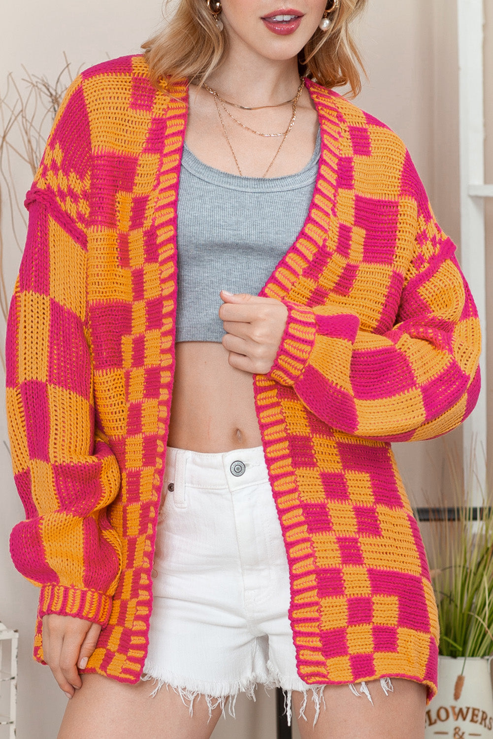Taupe Colorblock Checked Open Front Knitted Cardigan