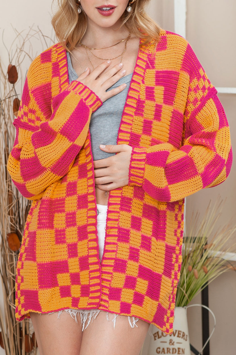 Taupe Colorblock Checked Open Front Knitted Cardigan