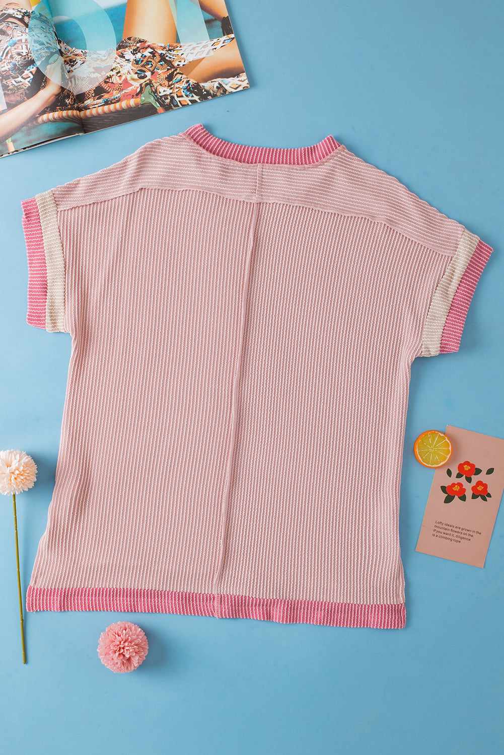 Rose Red Textured Colorblock Round Neck T Shirt