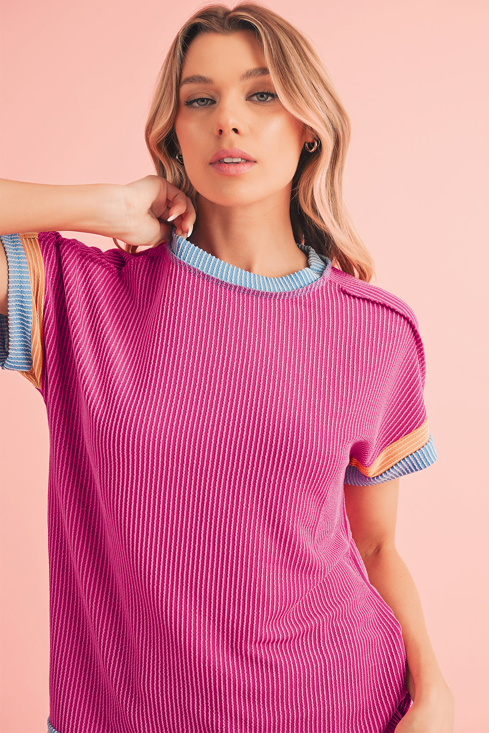 Rose Red Textured Colorblock Round Neck T Shirt