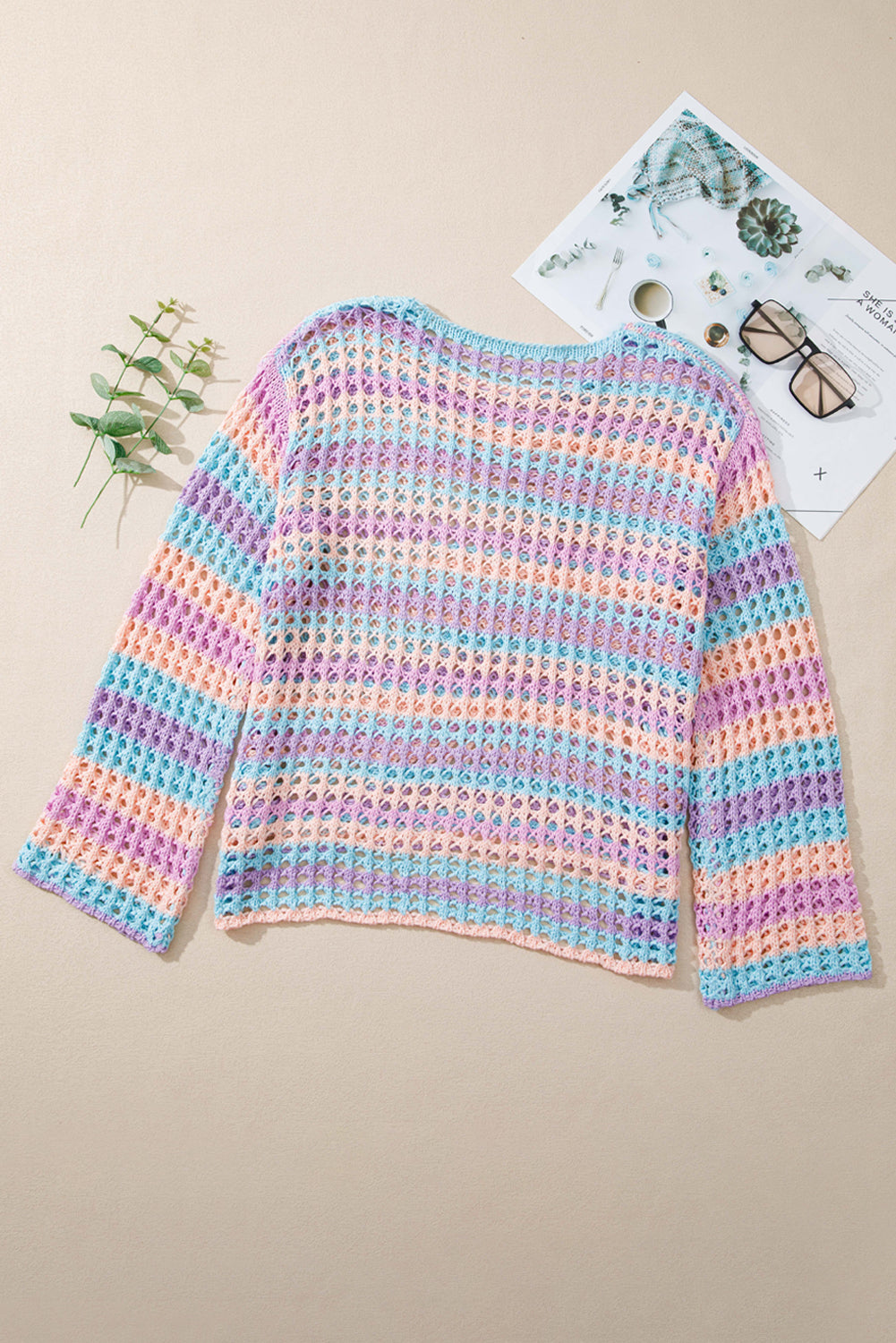 Carrot Striped Hollow Knit Summer Beach Cover Up
