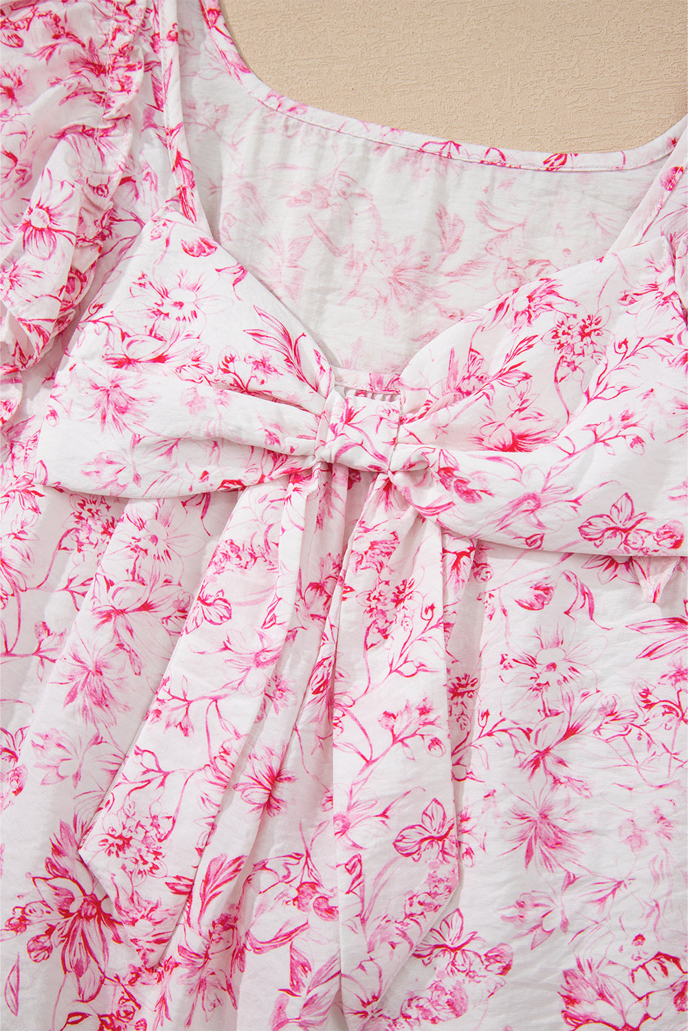 Pink Floral Ruffle Short Sleeve Bow Back Blouse