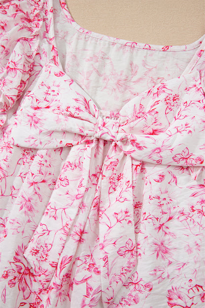 Pink Floral Ruffle Short Sleeve Bow Back Blouse