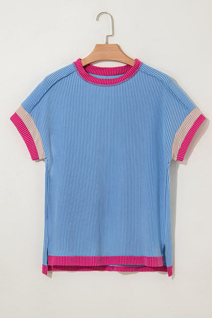 Rose Red Textured Colorblock Round Neck T Shirt