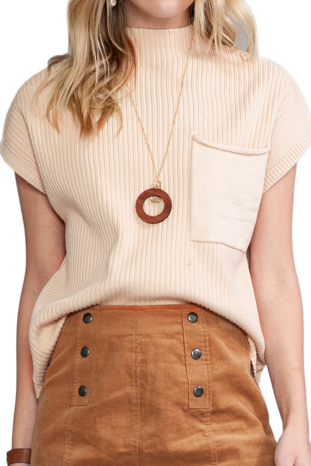 Dark Blue Patch Pocket Ribbed Knit Short Sleeve Sweater