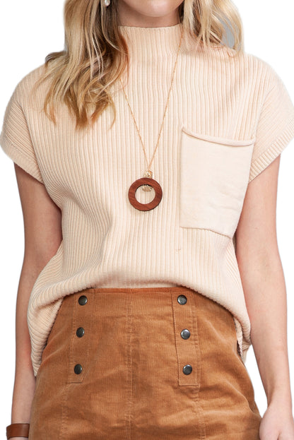 Dark Blue Patch Pocket Ribbed Knit Short Sleeve Sweater