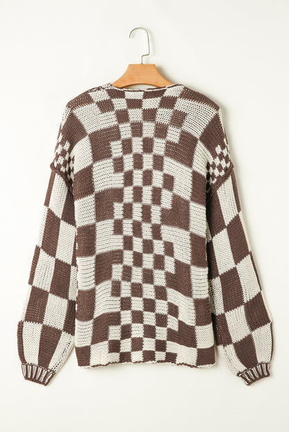 Taupe Colorblock Checked Open Front Knitted Cardigan