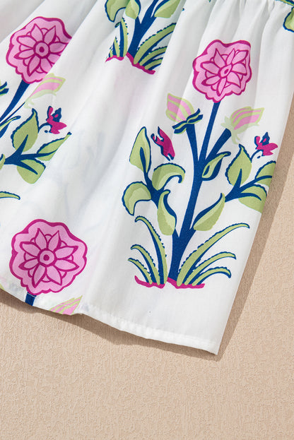 Sky Blue Floral Ruffle Hem Pop of Color Neckline Dress