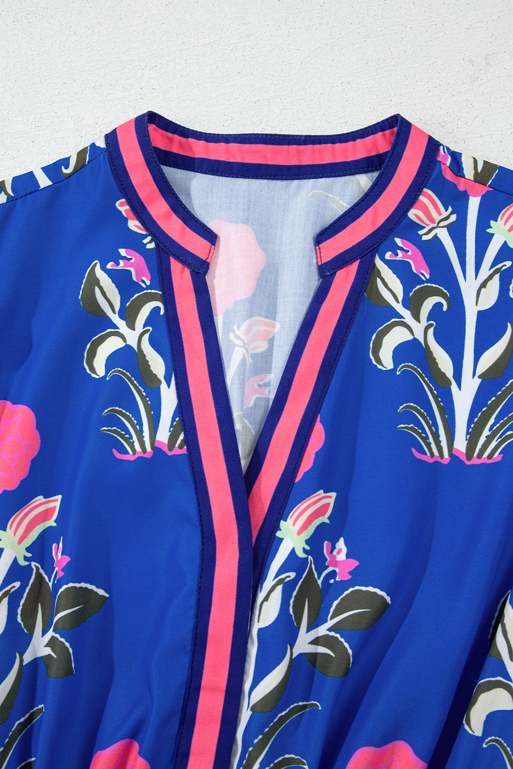 Sky Blue Floral Ruffle Hem Pop of Color Neckline Dress