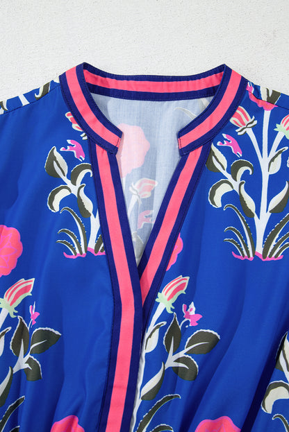 Sky Blue Floral Ruffle Hem Pop of Color Neckline Dress
