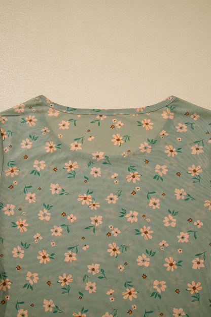 Sky Blue Floral Print Mesh Slim Fit Long Sleeve Top