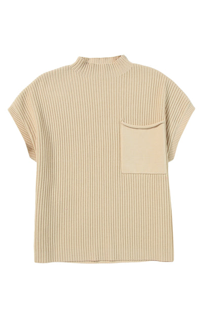 Dark Blue Patch Pocket Ribbed Knit Short Sleeve Sweater