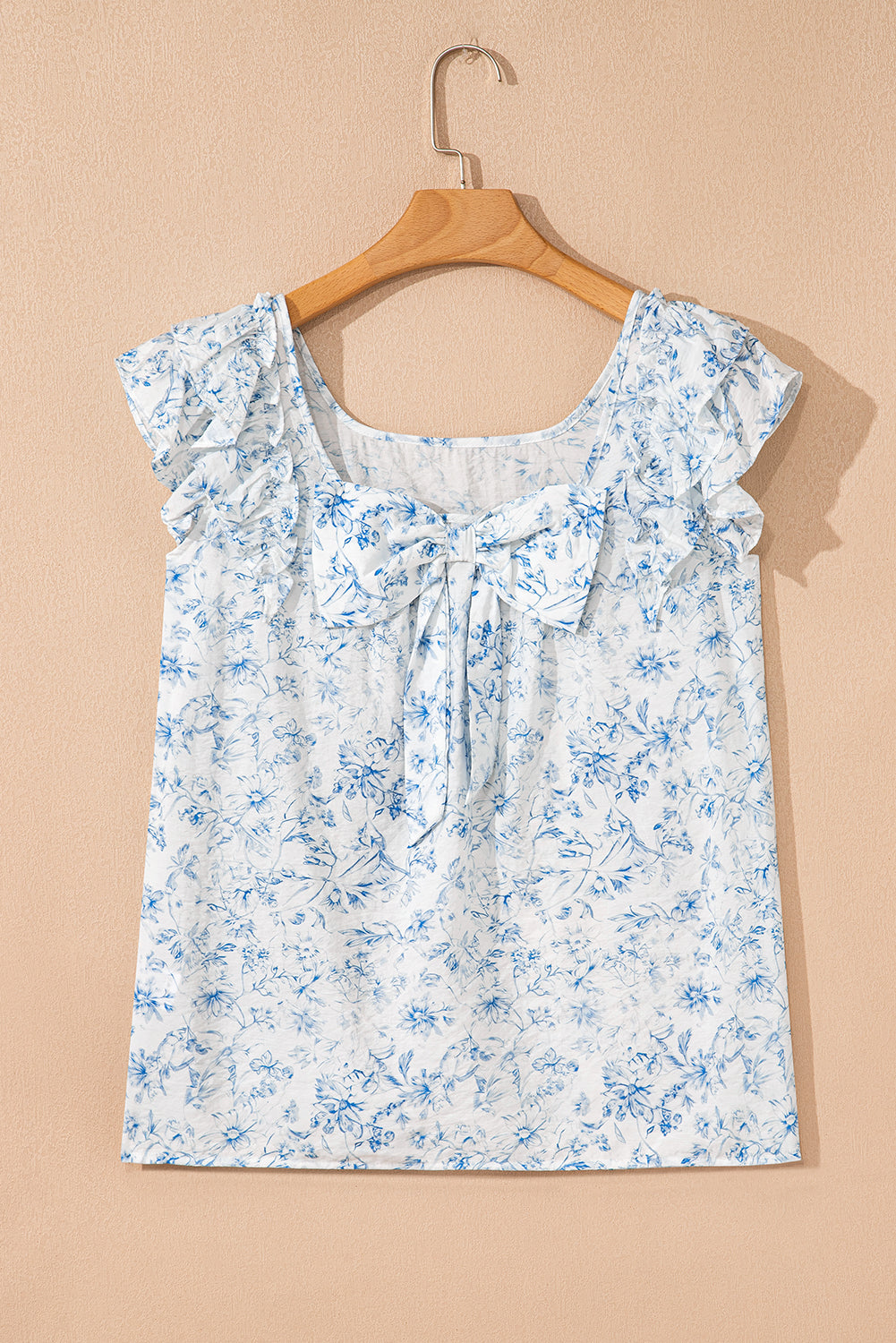 Pink Floral Ruffle Short Sleeve Bow Back Blouse