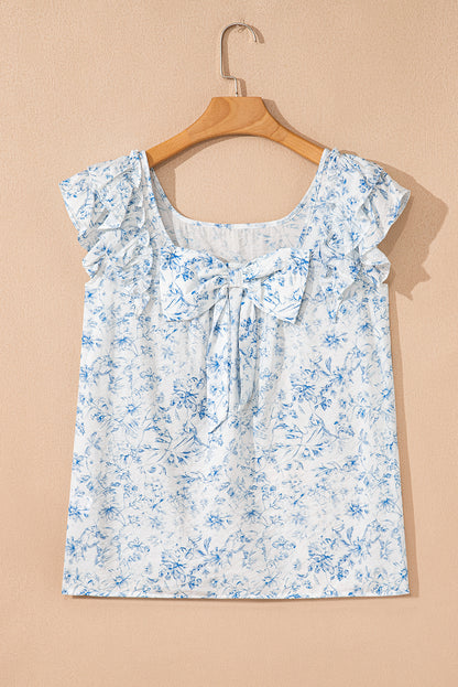 Pink Floral Ruffle Short Sleeve Bow Back Blouse