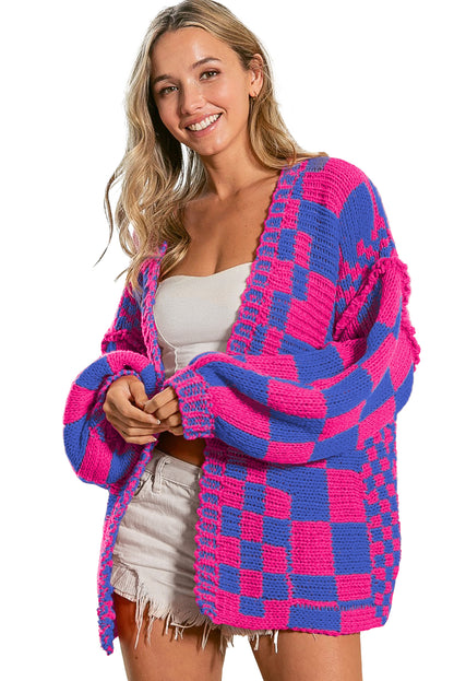 Taupe Colorblock Checked Open Front Knitted Cardigan