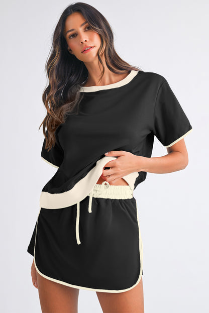 Turquoise Colorblock Edge Drop Shoulder T Shirt and Skort Set