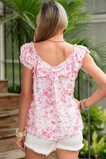 Pink Floral Ruffle Short Sleeve Bow Back Blouse