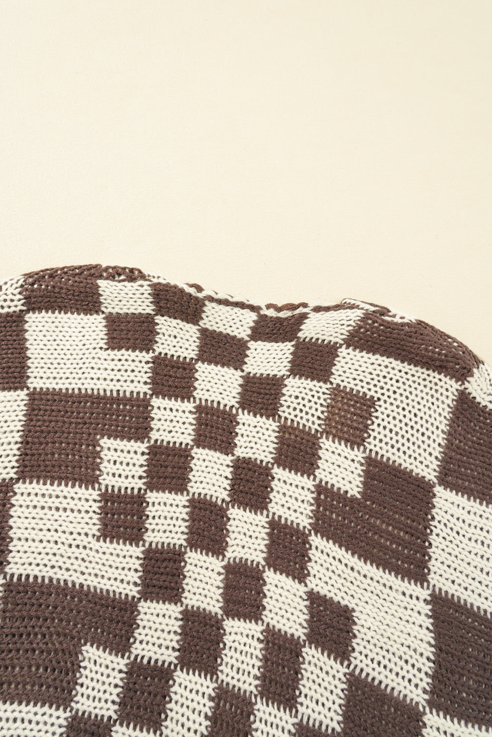 Taupe Colorblock Checked Open Front Knitted Cardigan