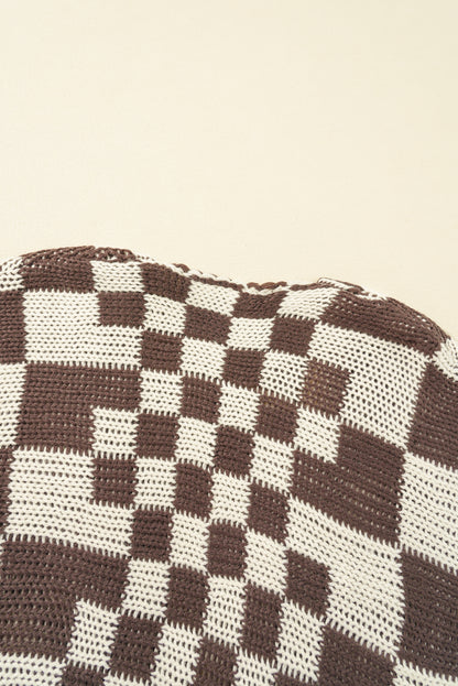 Taupe Colorblock Checked Open Front Knitted Cardigan
