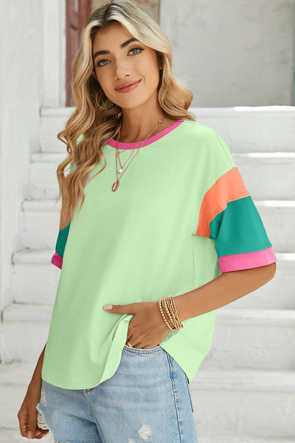 Light Blue Color Block Sleeve Round Neck Oversize Top