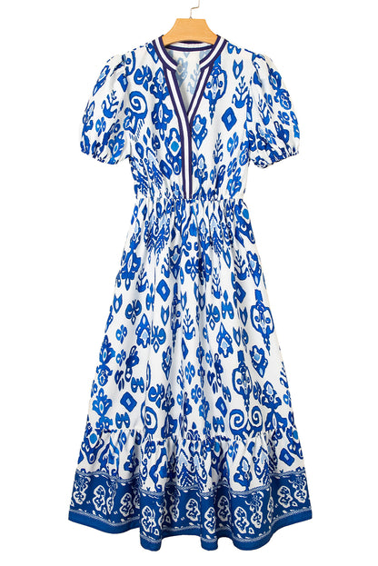 Sky Blue Floral Ruffle Hem Pop of Color Neckline Dress