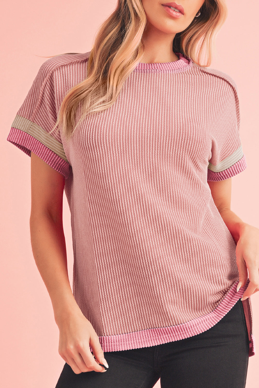 Rose Red Textured Colorblock Round Neck T Shirt