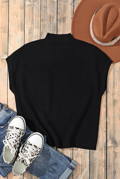 Dark Blue Patch Pocket Ribbed Knit Short Sleeve Sweater