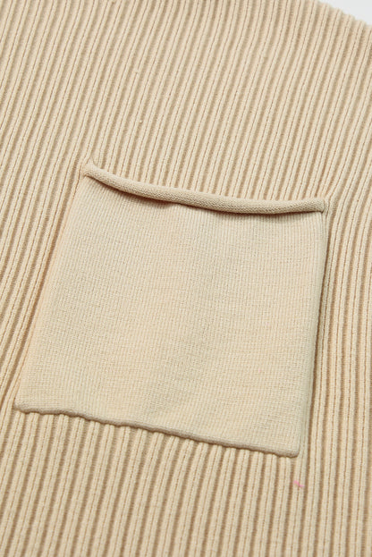 Dark Blue Patch Pocket Ribbed Knit Short Sleeve Sweater