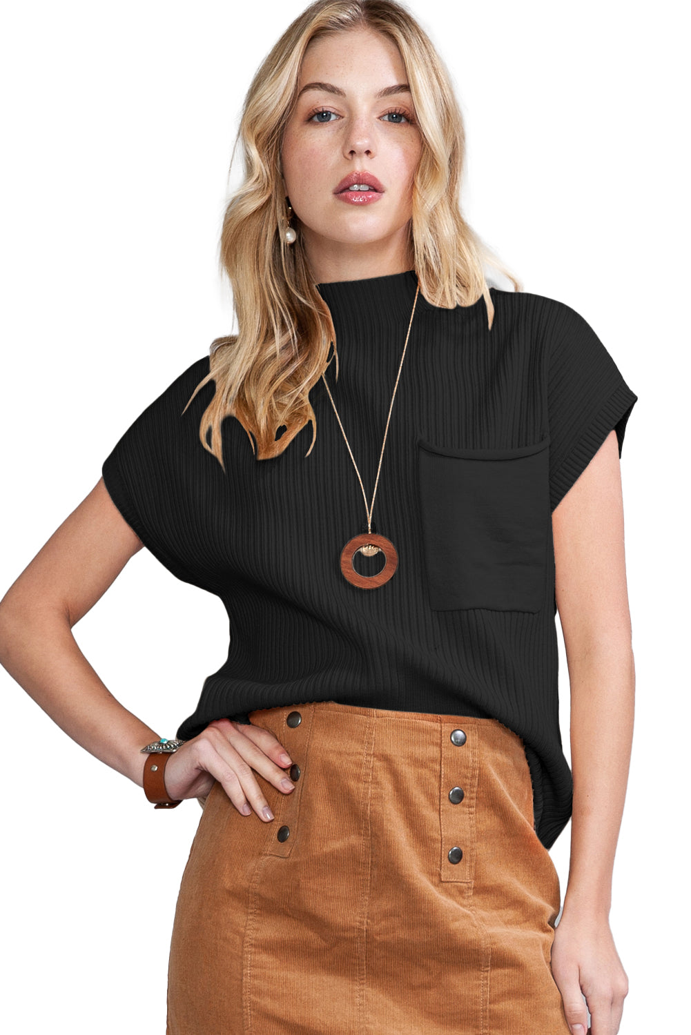 Dark Blue Patch Pocket Ribbed Knit Short Sleeve Sweater