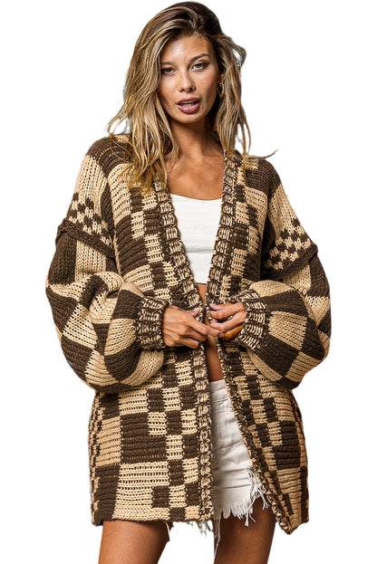 Taupe Colorblock Checked Open Front Knitted Cardigan