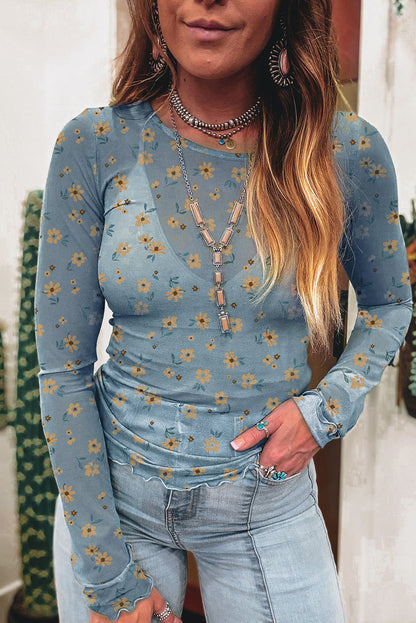 Sky Blue Floral Print Mesh Slim Fit Long Sleeve Top