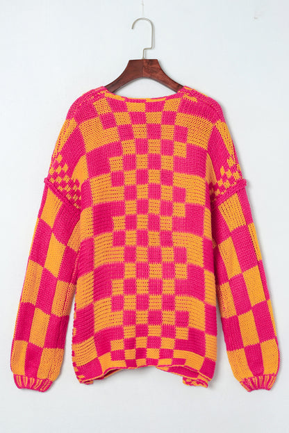 Taupe Colorblock Checked Open Front Knitted Cardigan