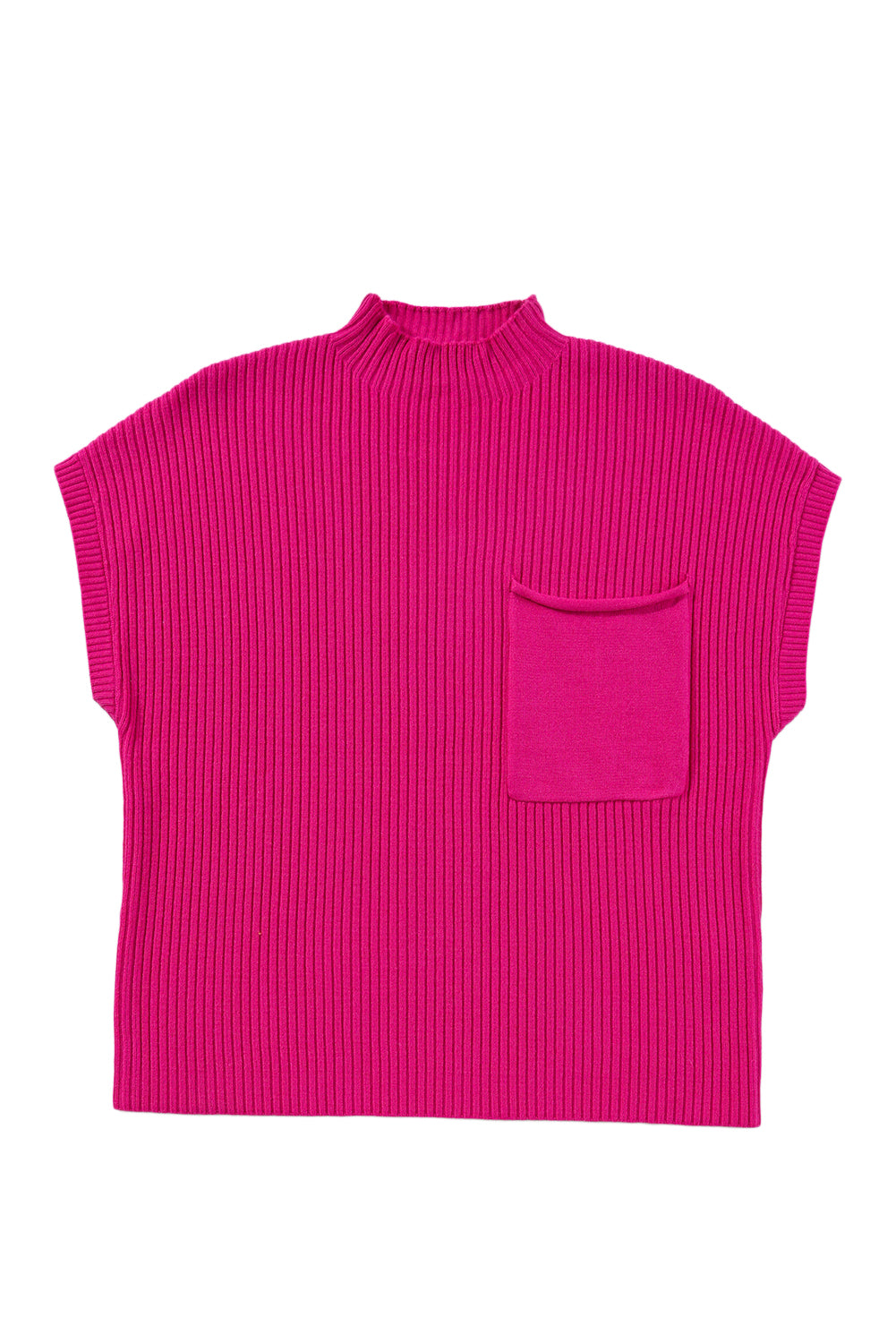 Dark Blue Patch Pocket Ribbed Knit Short Sleeve Sweater