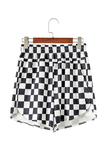 Black Checkered Print High Waist Casual Shorts