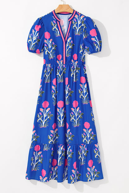 Sky Blue Floral Ruffle Hem Pop of Color Neckline Dress
