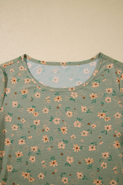 Sky Blue Floral Print Mesh Slim Fit Long Sleeve Top