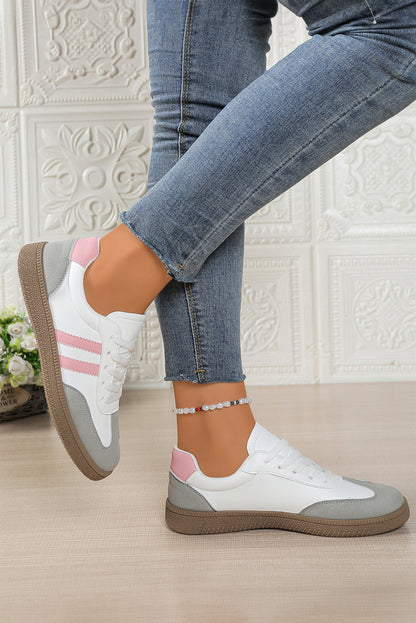 White Faux Leather Lace Up Flat Sneakers
