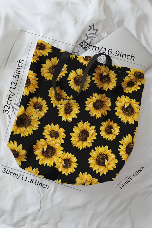 Black Sunflower Print Canvas Tote Bag