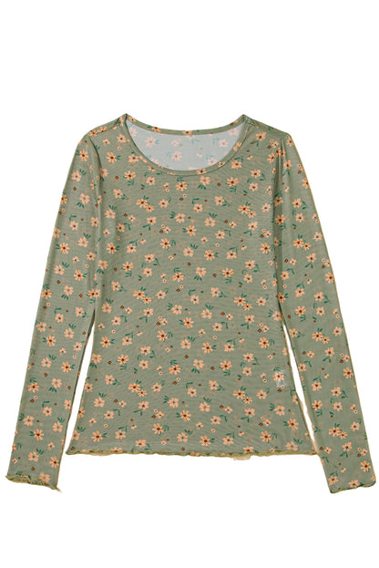 Sky Blue Floral Print Mesh Slim Fit Long Sleeve Top