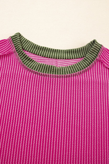 Rose Red Textured Colorblock Round Neck T Shirt
