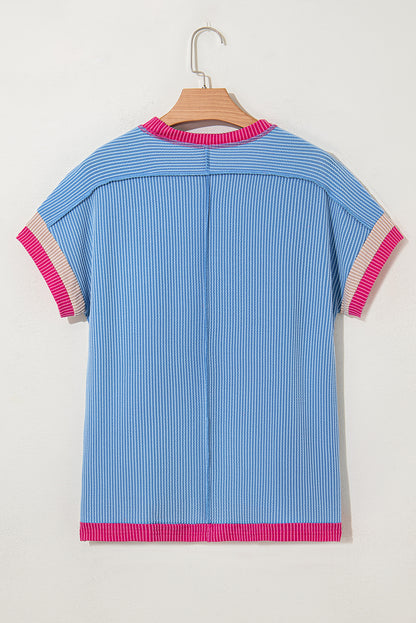 Rose Red Textured Colorblock Round Neck T Shirt