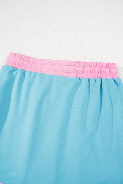 Turquoise Colorblock Edge Drop Shoulder T Shirt and Skort Set