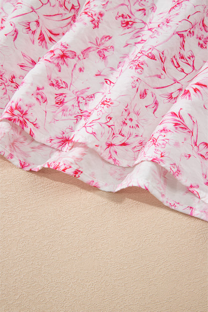 Pink Floral Ruffle Short Sleeve Bow Back Blouse