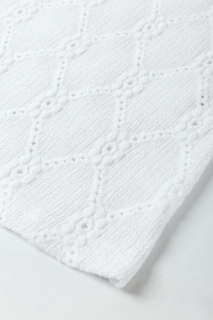 White Embroidered Floral Geometric Button Short Sleeve Top
