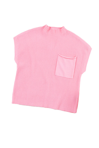 Dark Blue Patch Pocket Ribbed Knit Short Sleeve Sweater
