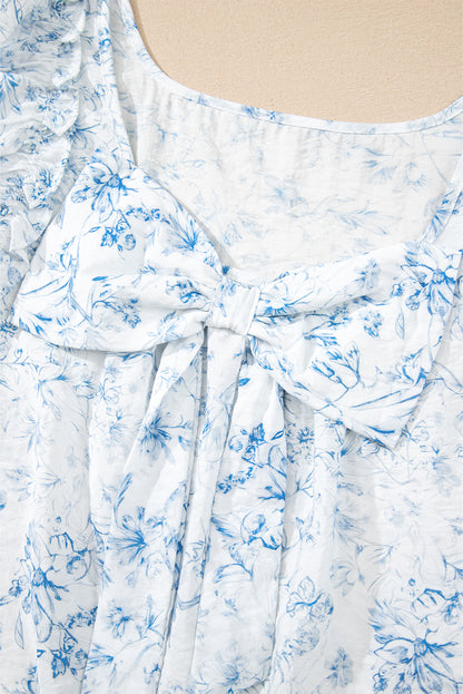 Pink Floral Ruffle Short Sleeve Bow Back Blouse