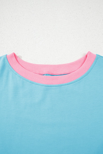 Turquoise Colorblock Edge Drop Shoulder T Shirt and Skort Set