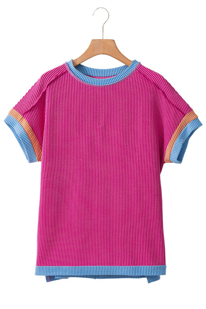 Rose Red Textured Colorblock Round Neck T Shirt